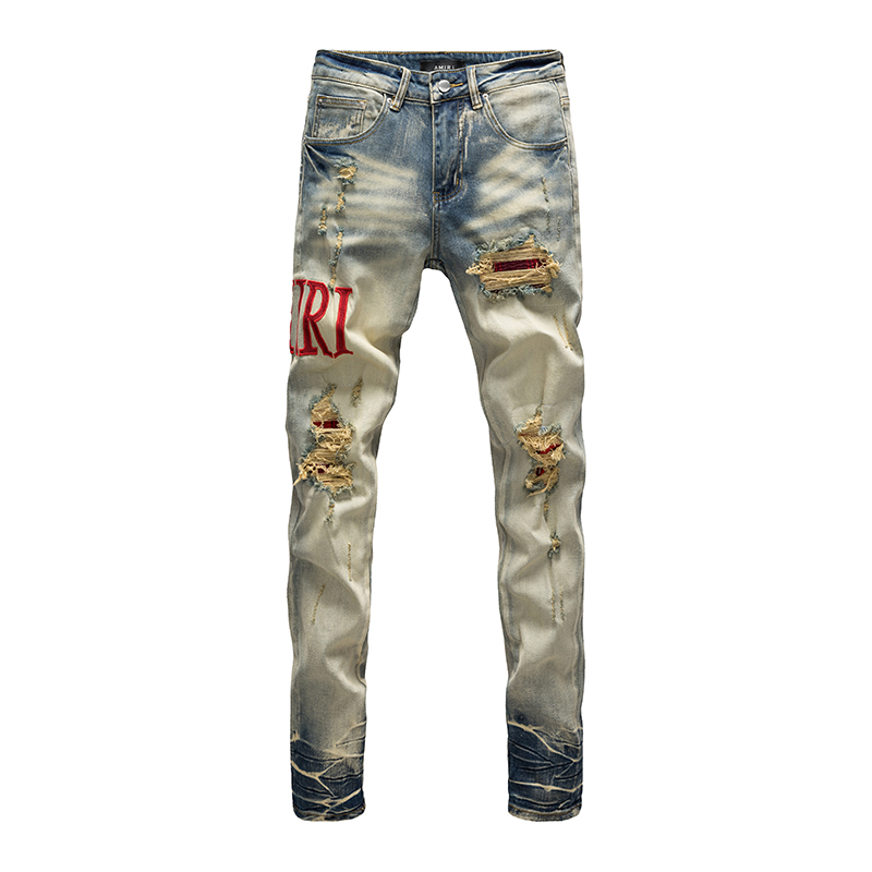 高端破洞补丁复古牛仔裤