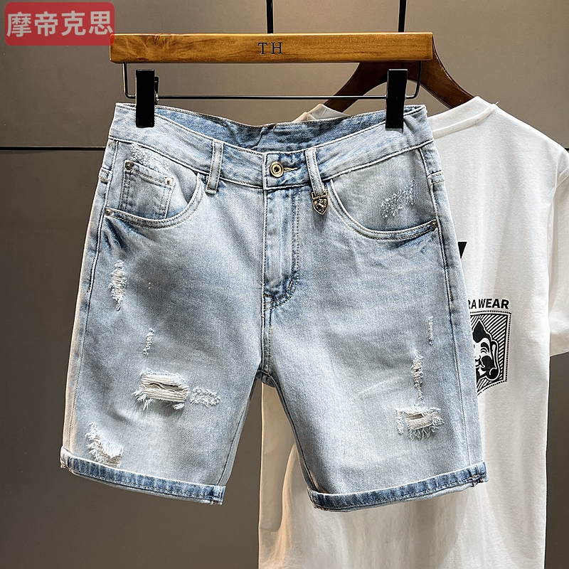 夏季个性破洞牛仔短裤男款时尚潮流痞帅港风五分裤浅蓝色破烂中裤