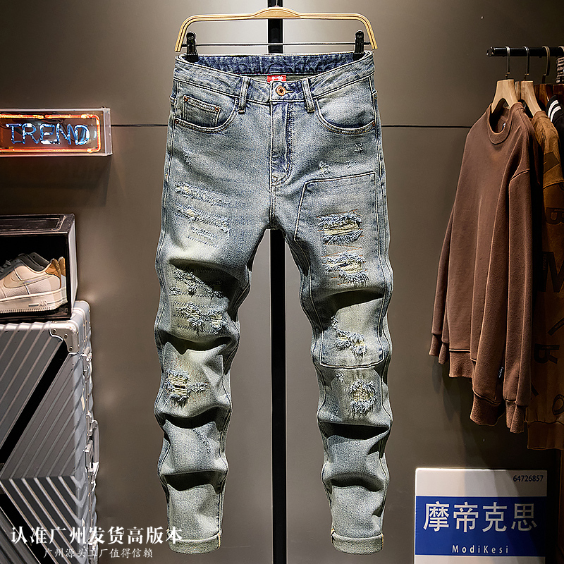 做旧刮烂乞丐破洞牛仔裤男秋冬款潮牌痞帅水洗复古2025修身小脚裤