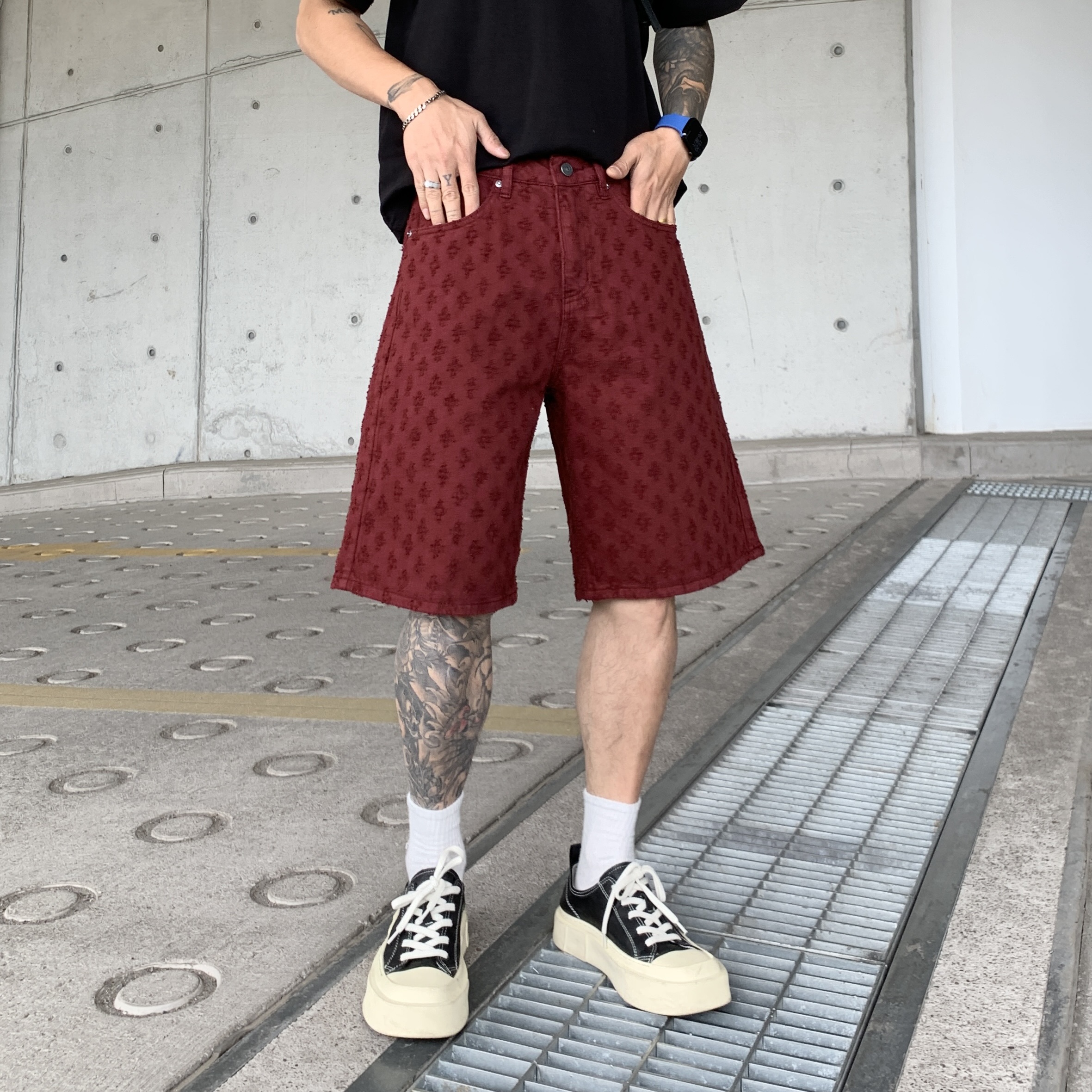 美式高街水洗印花男士短裤破洞安可拉红色百搭帅气潮流牛仔裤男装