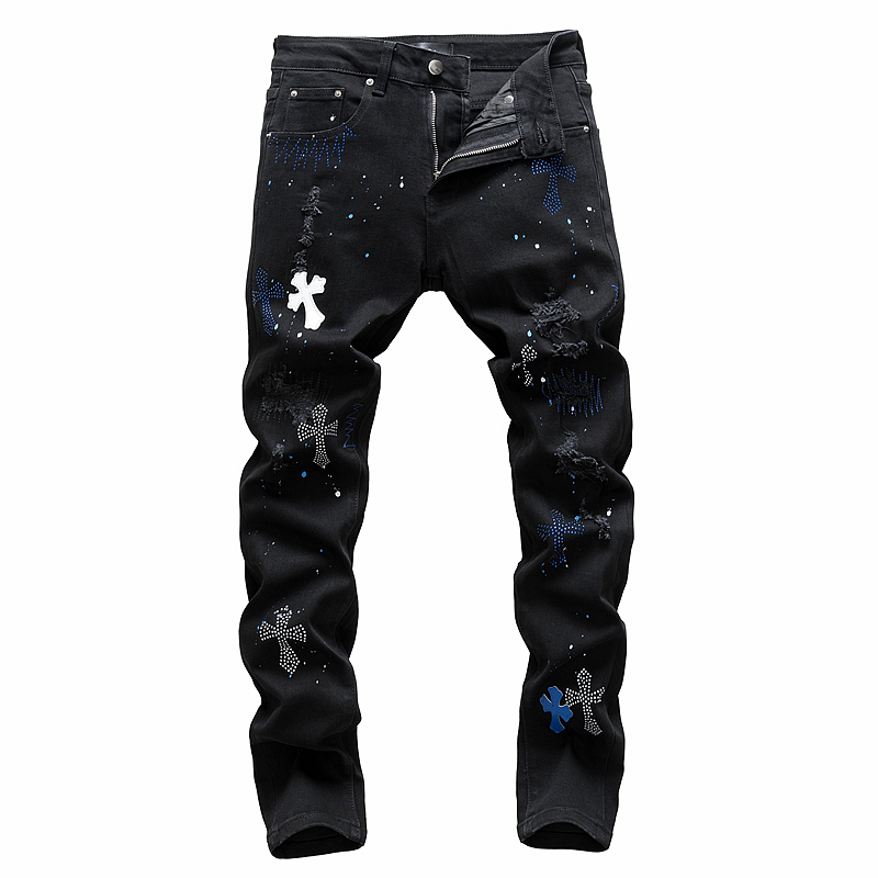 高街烫钻破洞牛仔裤男刺绣十字架