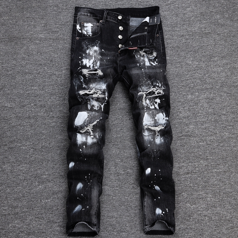 高版轻奢破洞补丁油漆牛仔裤