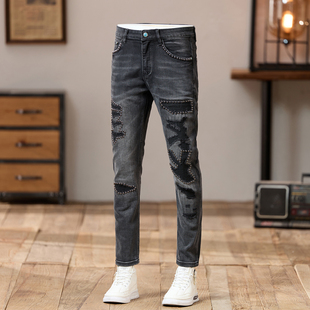美式复古破洞刮烂乞丐牛仔裤男秋冬修身做旧小脚裤时尚高街高级灰
