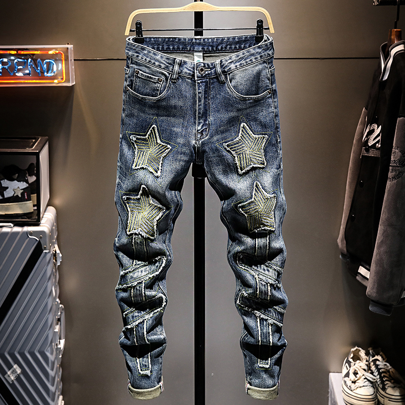 美式时尚破洞百搭牛仔裤男潮牌修身不规则街头风涂鸦泼墨小脚裤子