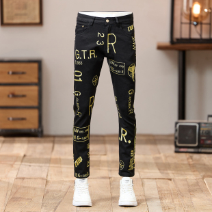 香港陈冠希黑色牛仔裤男士日系港风潮牌痞帅时尚字母刺绣修身小脚