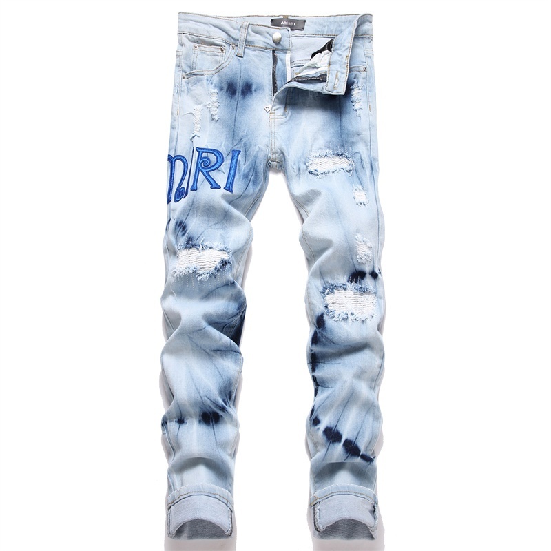 美式高端刺绣扎花牛仔裤男弹力高街破洞补丁裤子修身小脚休闲长裤