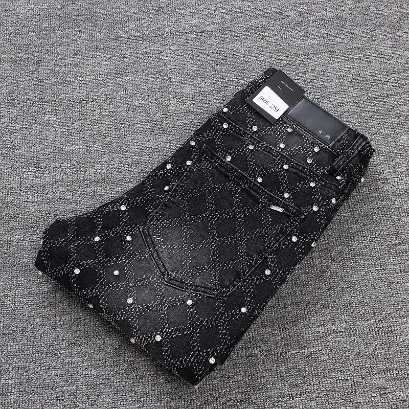 美式高街微喇个性烫钻黑色牛仔裤男士潮牌修身直筒休闲百搭轻奢感