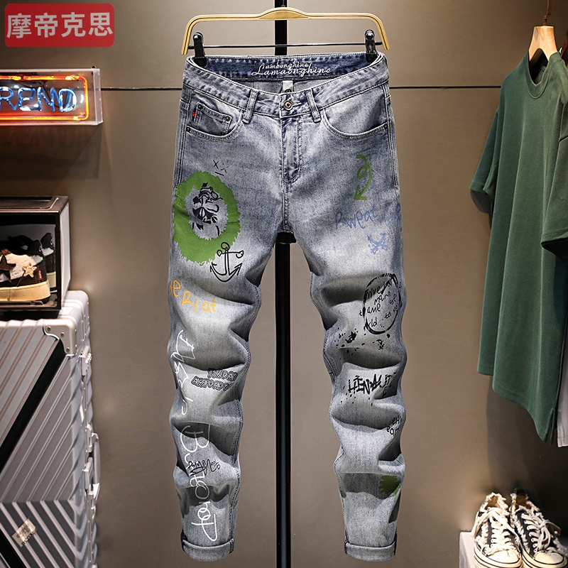 美式街头潮牌涂鸦修身小直筒牛仔裤男士复古做旧痞帅刮烂休闲韩版