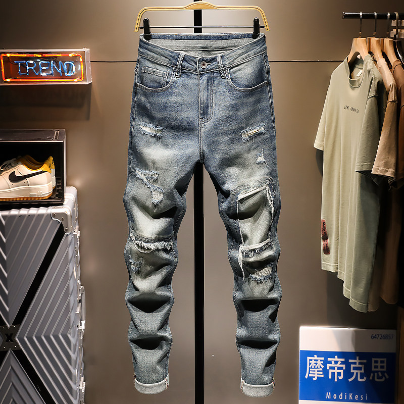 乞丐破洞破烂牛仔裤男士水洗做旧