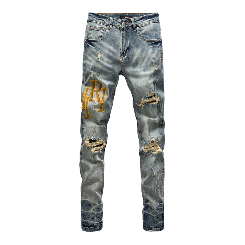 欧美轻奢破洞贴布刺绣牛仔裤男士