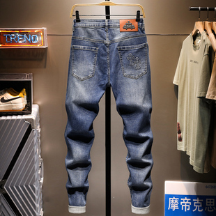 小脚裤 修身 潮牌时尚 压花韩版 轻奢蓝色十字架九分牛仔裤 9分裤 男士