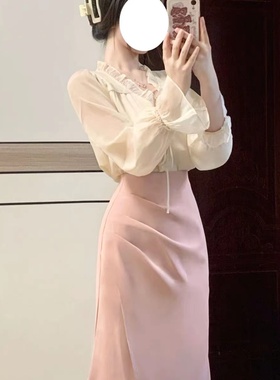 早秋盐系穿搭通勤温柔荷叶边长袖衬衫鱼尾式褶皱半身裙两件套装女