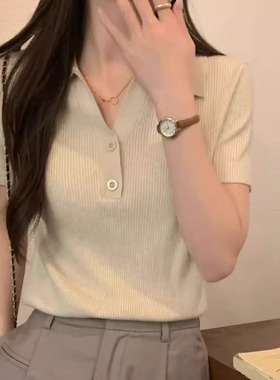 韩系polo领坑条冰丝针织T恤女夏新款气质纽扣薄款V领短袖体恤上衣