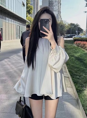 法式露肩挂脖衬衫上衣女秋季高级设计感小众小个子别致长袖雪纺衫