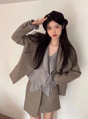 秋装女2023年新款西装套装时尚休闲高级感人字纹西服半身裙两件套