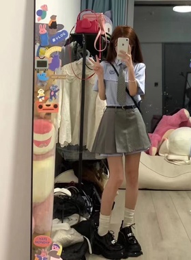 蓝色条纹衬衫百褶短裙两件套夏季学院风小个子jk制服辣妹穿搭套装