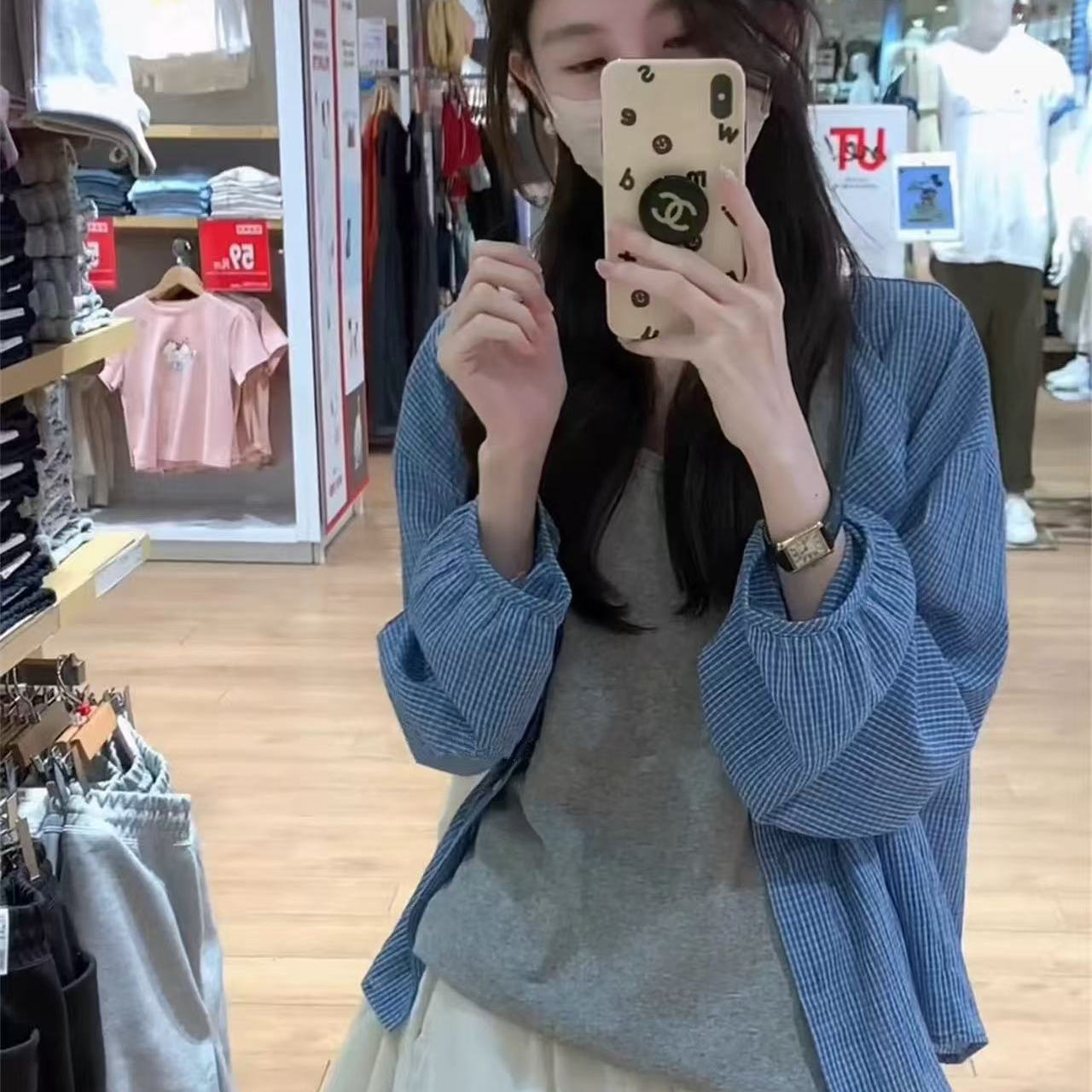韩系轻薄蓝色格子防晒衬衫外套女夏季新款小个子宽松休闲长袖上衣