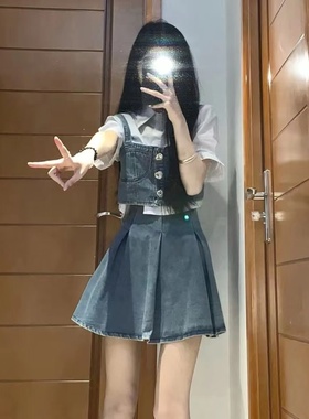 辣妹日系学院风牛仔套装女复古短款衬衣束腰吊带百褶裙套装三件套