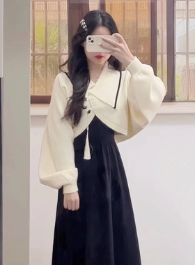 新中式国风针织毛衣开衫吊带裙子两件套秋冬款今年流行漂亮套装裙