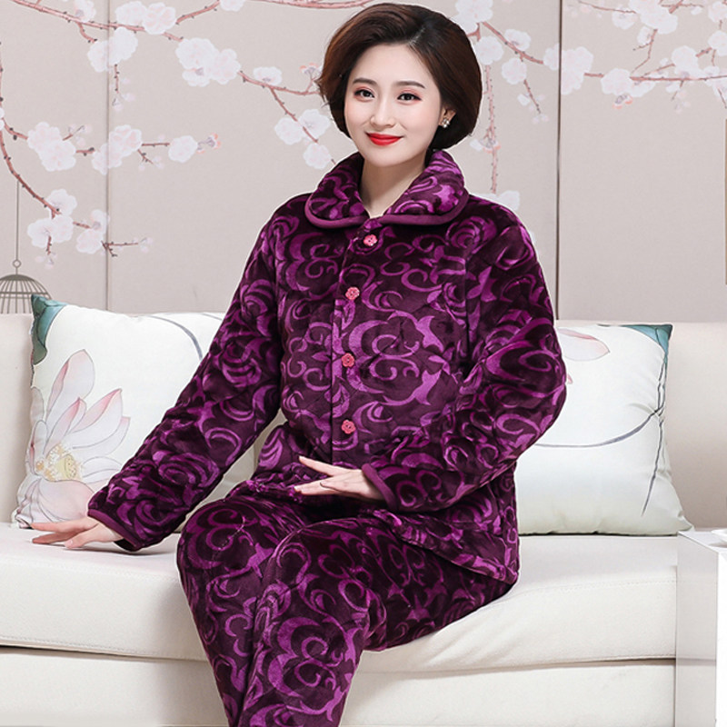 冬季睡衣套装女士中老年妈妈三层加厚夹棉法兰绒家居服珊瑚绒外穿