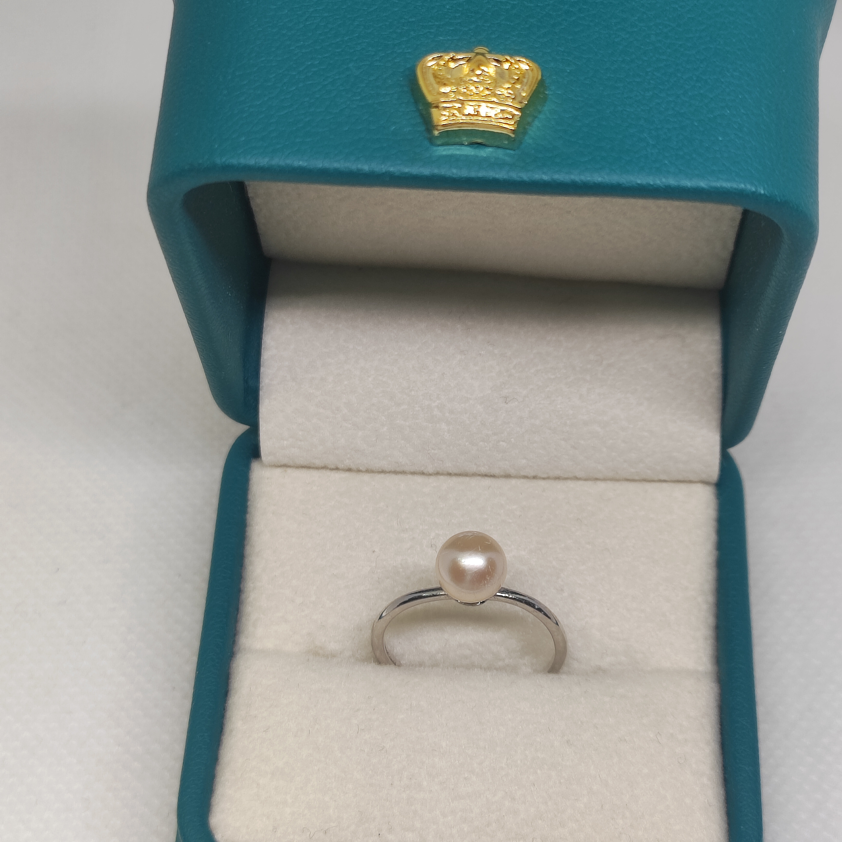 天然淡水珍珠强光浅橙近正圆镜面6mm纯银戒指开口可调节细圈素圈