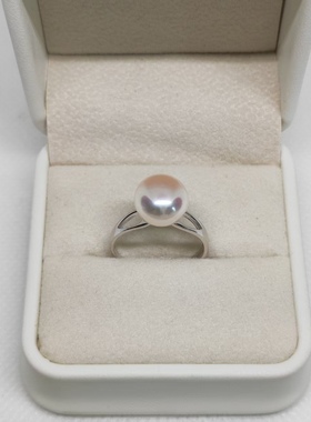天然淡水珍珠戒指扁圆馒头极光镜面9.7mm纯银时尚开口戒节日礼物