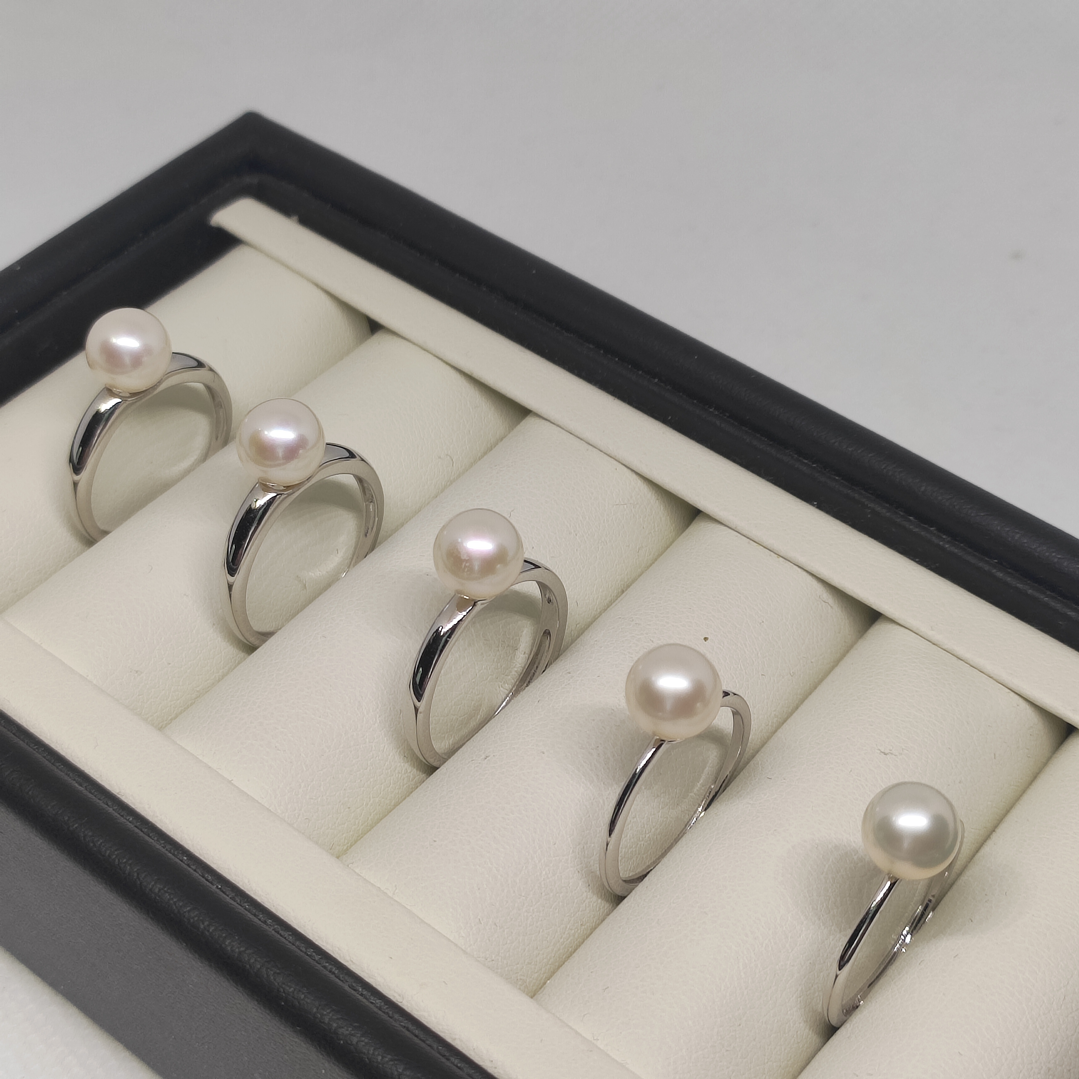 淡水强光柔润真珍珠7.5-8mm纯银开口戒指素圈厚版和细圈二款正圆