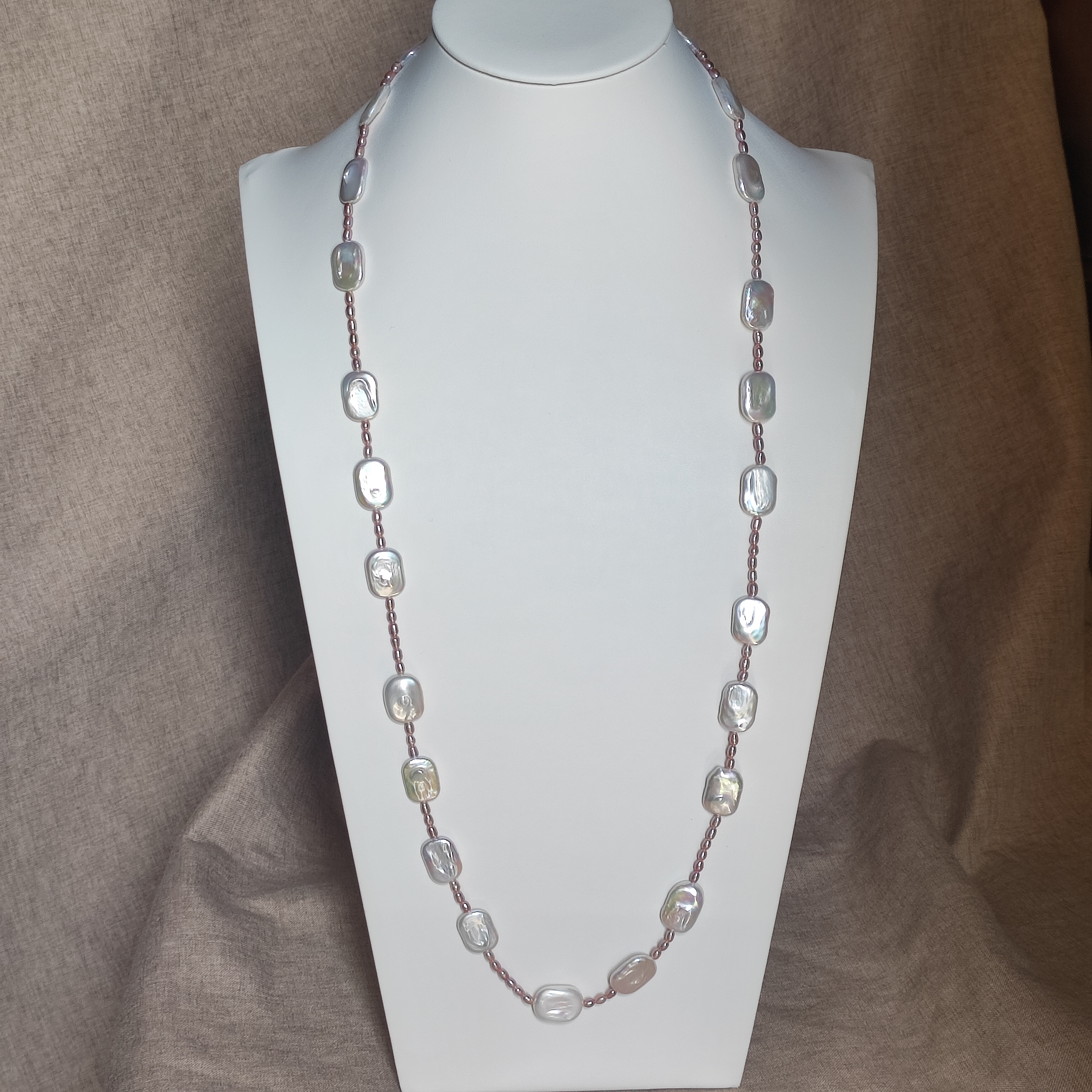 天然淡水强光炫彩白方块珍珠+3.5mm彩米粒珍珠项链+手链纯银OT扣