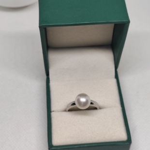 天然海水珍珠8.3mm纯银开口戒指正圆极光侧微瑕节日礼物元 旦特惠