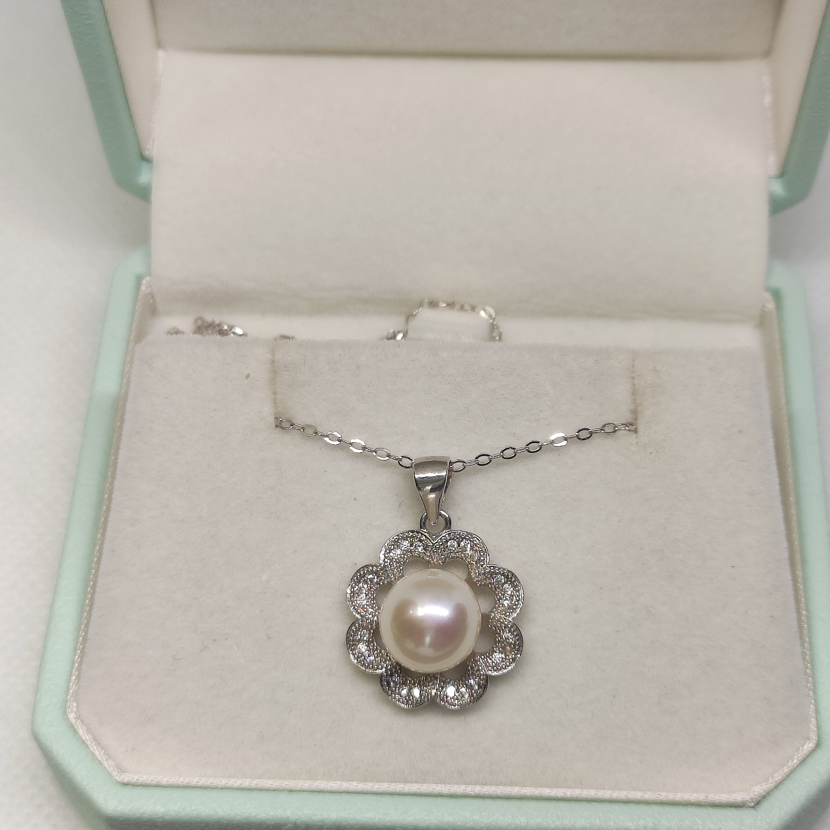 强光天然淡水正圆真珍珠吊坠9mm925银复古花朵吊坠款配纯银项链礼