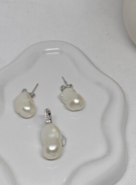 一物一拍小脚丫天然淡水珍珠炫彩近无瑕白巴洛克纯银吊坠耳钉一套