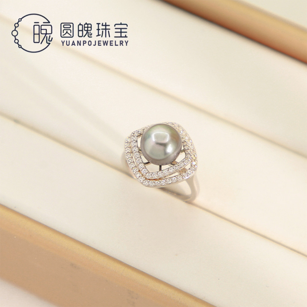 天然海水大溪地珍珠戒指女S925银开口戒可调节指环近圆天然海水珠