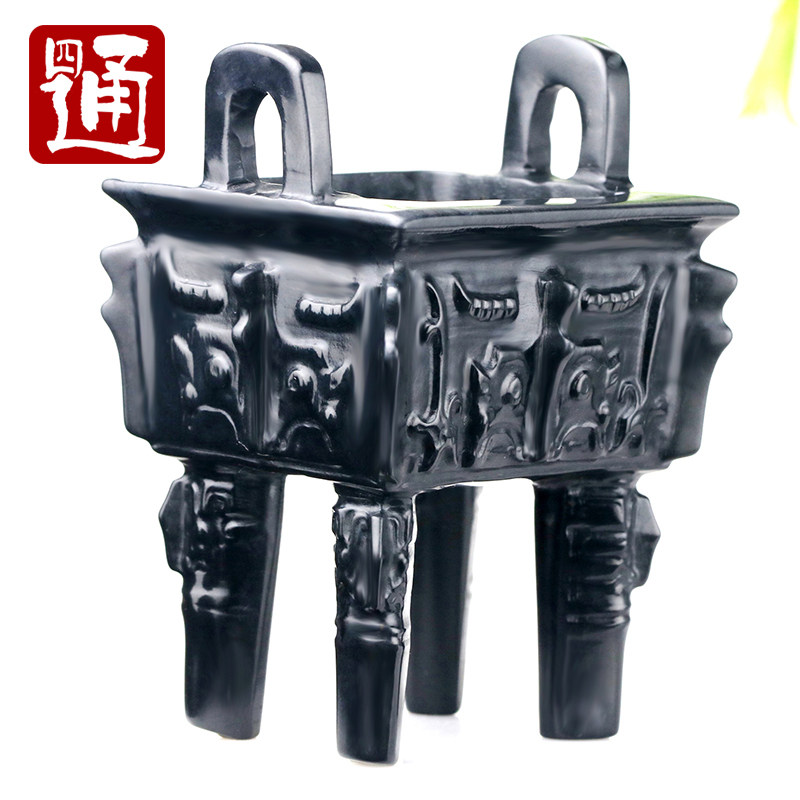 四通新疆和田玉摆件小玉石礼品天然墨玉鼎四方神兽宝鼎四脚足方鼎