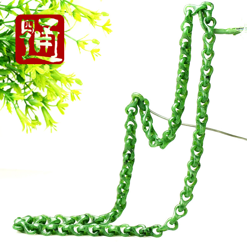 四通新疆和田玉项链菠菜绿玉石天然碧玉链子几何锁链一体链条男款