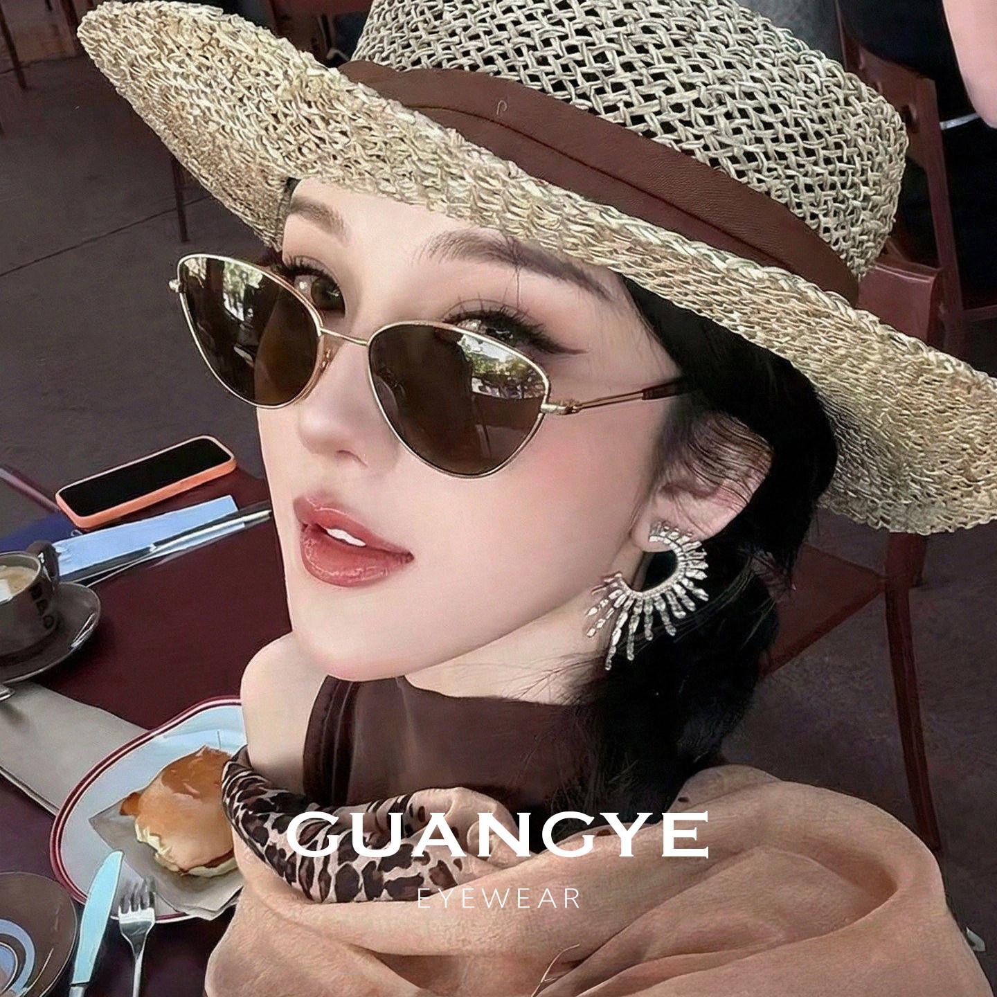复古茶色老钱风猫眼墨镜女高级感偏光港风太阳眼镜海边近视带度数