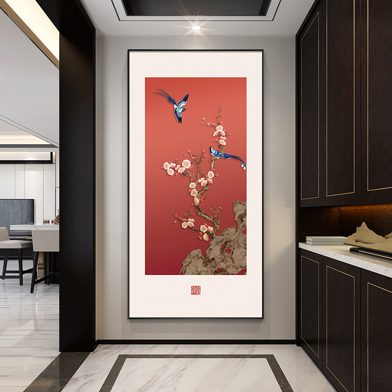 喜上眉梢玄关装饰画新中式竖版寓意好花鸟挂画走廊过道别墅壁画图片