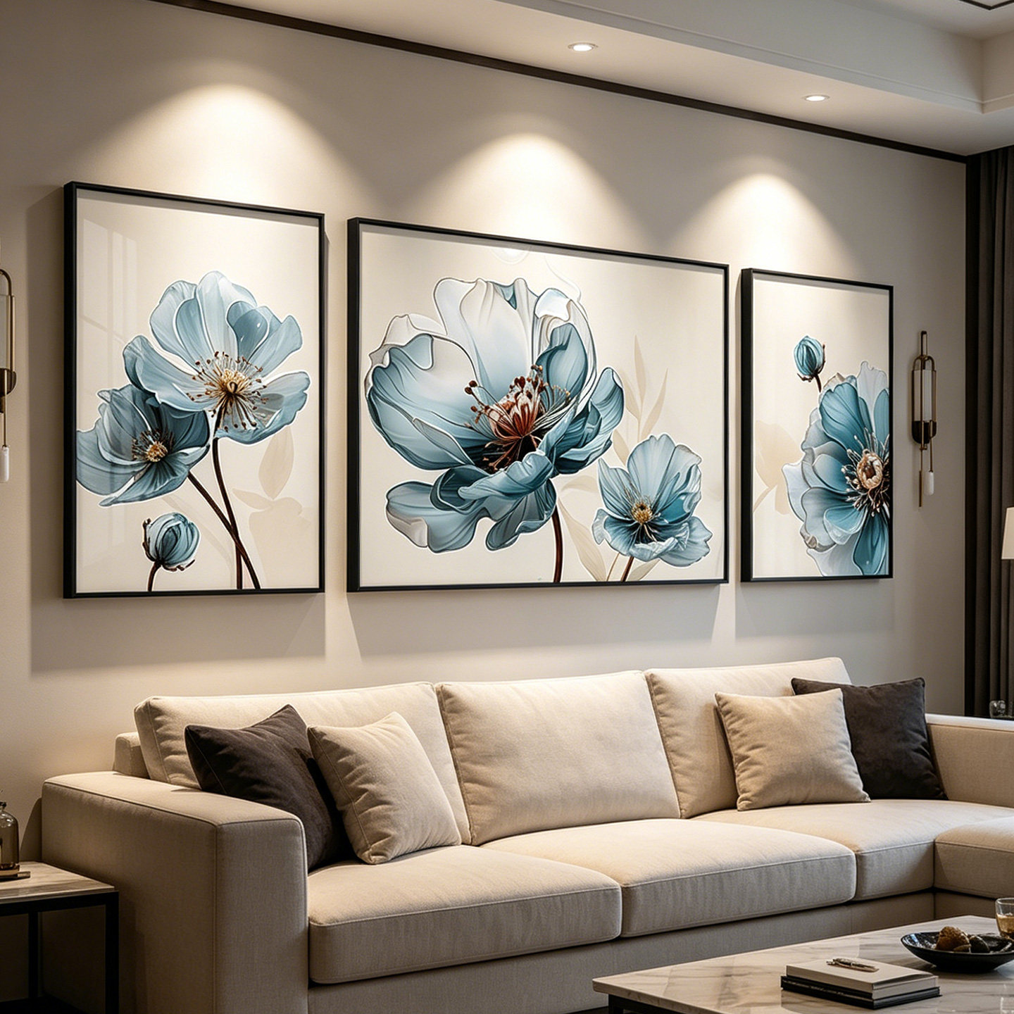 治愈系花艺客厅装饰画现代简约清透蓝花极简餐厅墙面三联壁画挂画