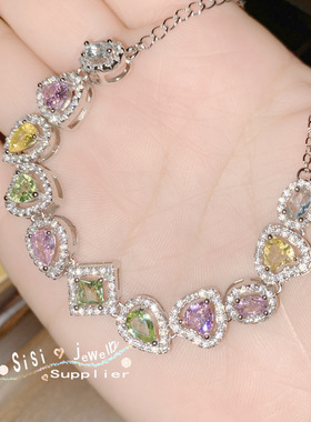 Sisi新品璀璨孔雀绿宝石手链 镀18K海蓝托帕满钻爱心彩锆手饰