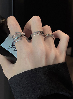 S925镀银不掉色 ins个性潮流设计感戒指嘻哈风复古可调节开口戒指