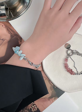 新款不规则蓝色粉红色石头串拼接手链个性气质小众创意潮手饰品夏