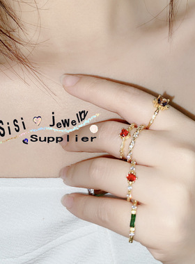 Sisi复古简约鸽红宝石戒指 镀18K金 轻奢绿尖晶气质优雅锆石指环