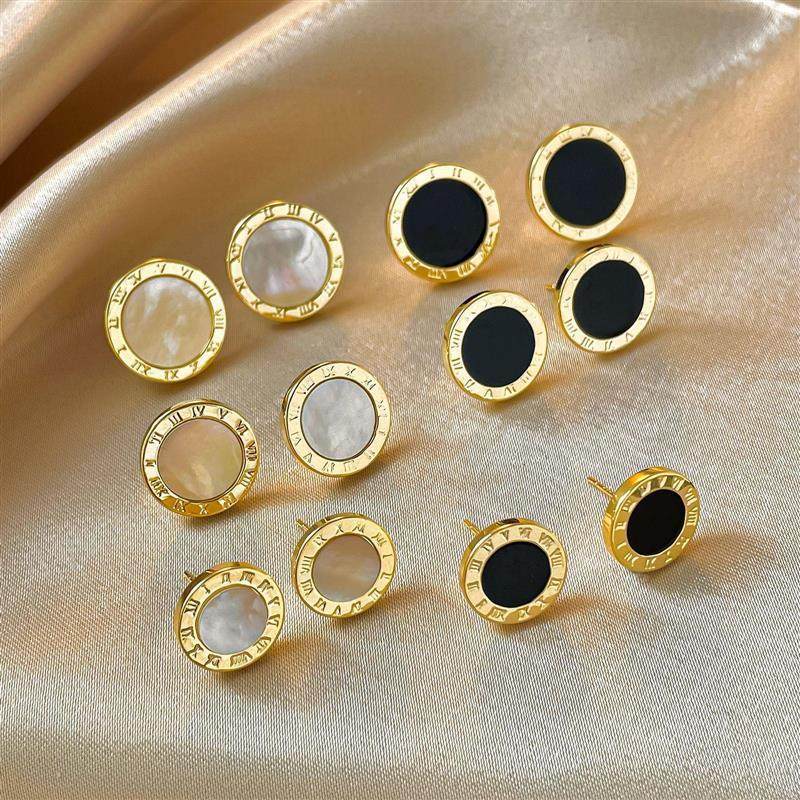 艾妮贝妮镀真金天然贝母纯银针耳钉韩版罗马数字时钟轻奢耳钉