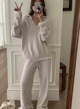 西班牙O家外贸原单翻领女士秋冬睡衣套装保暖半边绒睡衣女半边绒