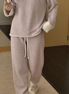 O家原单轻保暖冬季睡衣女加绒加厚保暖半边绒家居服套装休闲条纹