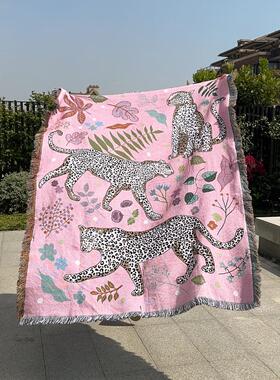 小众轻奢丛林雪豹披肩车载毯子沙发用全棉彩纱编织流苏毯野餐垫