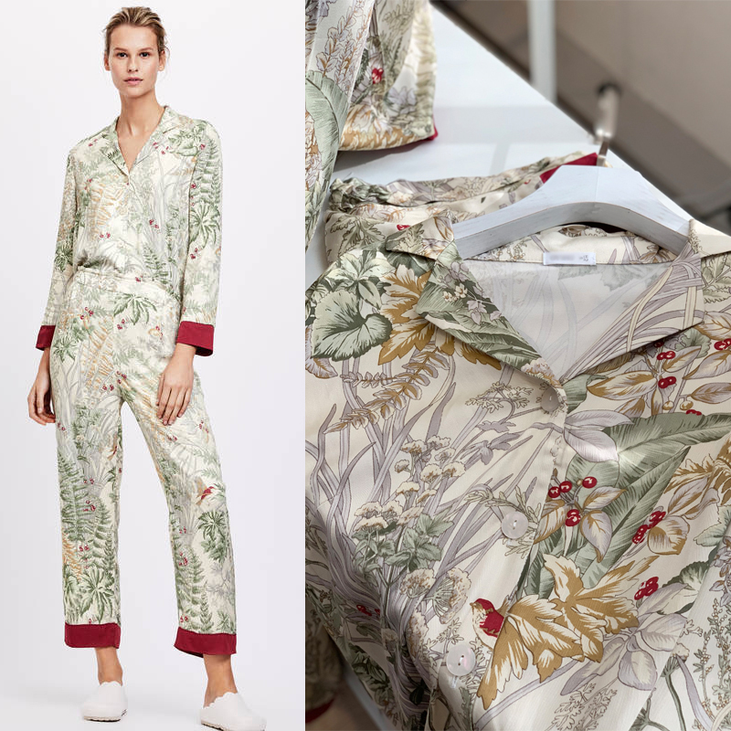 O家 高贵气质植物花卉薄款绵绸长袖长裤睡衣柔软亲肤家居服月子服