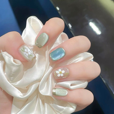 纯欲长岛冰茶鎏金猫眼手工穿戴甲短款学生冰花气质温柔显白假美甲