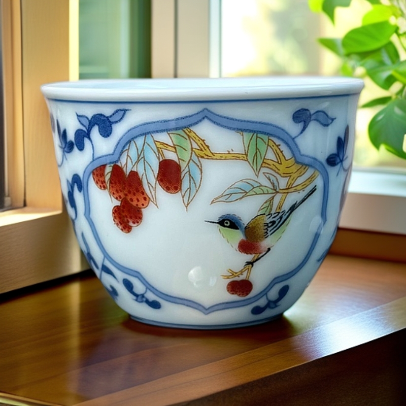 青花釉里红喜上眉梢主人杯茶杯