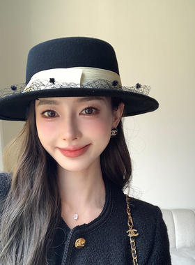 平顶帽出游休闲气质女秋冬宽帽檐