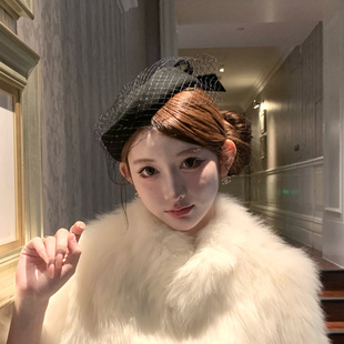 秋冬羊毛贝雷帽女法式 气质千金毛呢蓓蕾帽 复古赫本风网纱头饰时尚